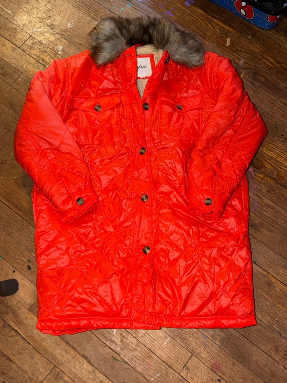 aerie Bright Red Puffer Coat with Faux Fur Collar